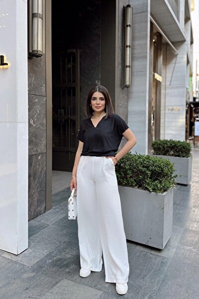 NEW LAVİVA Λευκό ισπανικό φαρδύ πόδι, ελαστική μέση, ύφασμα λινό/airobin, φαρδύ, με τσέπες, παντελόνι που δεν εμφανίζεται εσωτερικά