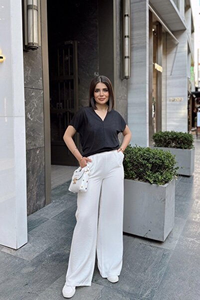 NEW LAVİVA Λευκό ισπανικό φαρδύ πόδι, ελαστική μέση, ύφασμα λινό/airobin, φαρδύ, με τσέπες, παντελόνι που δεν εμφανίζεται εσωτερικά