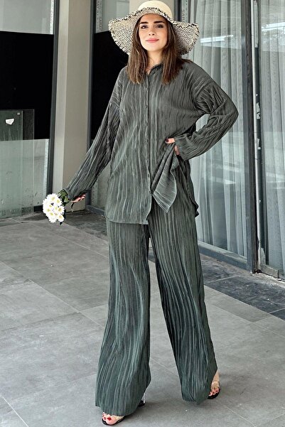 NEW LAVİVA Dark Green Women's Set - Long Tunic, Elastic Waist, Wide Leg Trousers & Loose Wrap