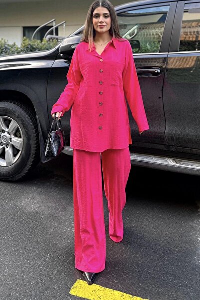 NEW LAVİVA Fuchsia Seersucker Women's Shirt and Trousers Set - Double Pocket, Wide Leg