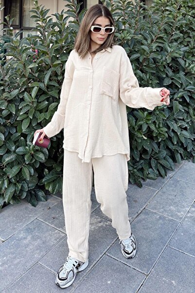 NEW LAVİVA Women's Beige Loose Long Shirt & Elastic Waist Trousers - Bottom & Top Muslin Fabric Set