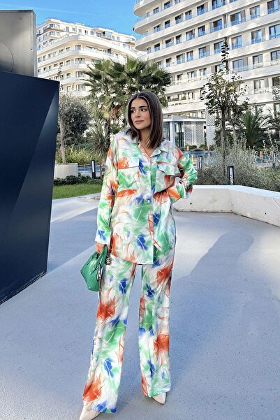 NEW LAVİVA Women's Green & Orange Double Pocket Shirt & Wide Leg Trousers - Loose Bottom & Top Set