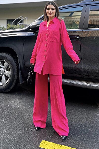NEW LAVİVA Fuchsia Seersucker Women's Shirt and Trousers Set - Double Pocket, Wide Leg