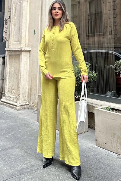 NEW LAVİVA Oil Green Loose Mayan Set - Buttoned Round Neck Blouse and Elastic Waist Wide Leg Trousers