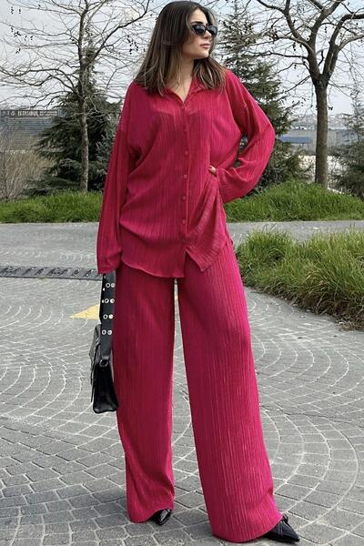 NEW LAVİVA Fuchsia Women's Set - Long Tunic, Shirt and Elastic Waist Wide Leg Trousers