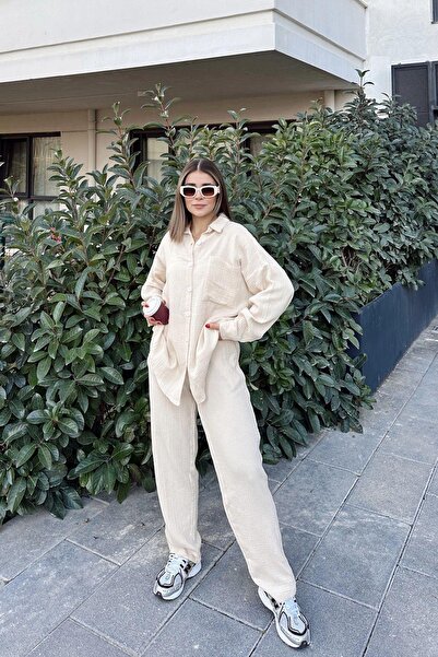 NEW LAVİVA Women's Beige Loose Long Shirt & Elastic Waist Trousers - Bottom & Top Muslin Fabric Set