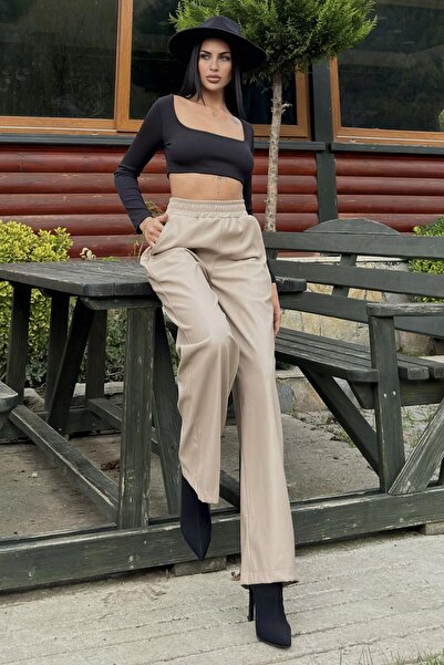 NEW LAVİVA Beige Elastic High Waist, Pocket, Loose Leg, Loose Leather Pants - Suitable for Hijab