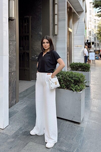 NEW LAVİVA Λευκό ισπανικό φαρδύ πόδι, ελαστική μέση, ύφασμα λινό/airobin, φαρδύ, με τσέπες, παντελόνι που δεν εμφανίζεται εσωτερικά