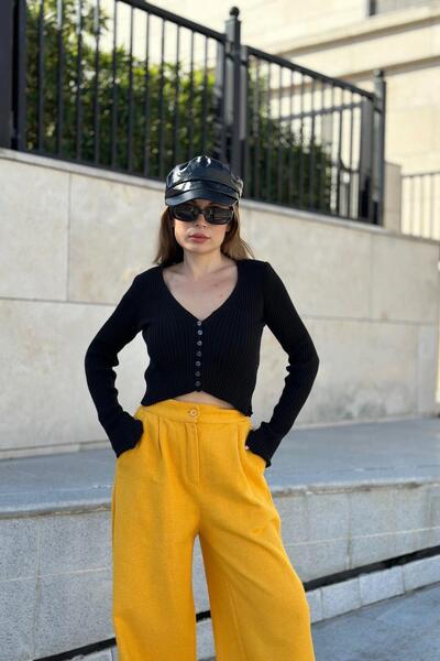 NEW LAVİVA Kadın Hardal Duble Paça, Beli Pliseli, Fitilli Kaşe Kumaş, İspanyol Pantolon