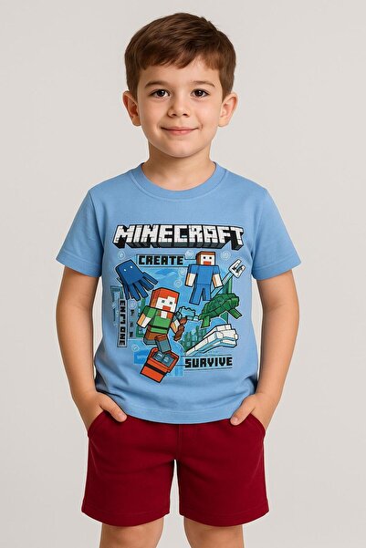 LİTTLE TORTOİSE Αγόρι καλοκαιρινό χτενισμένο βαμβακερό μπλουζάκι με στάμπα Minecraf