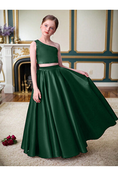 HSNLİFE Girls' Satin Skirt Satin Crop One Shoulder Bustier Suit