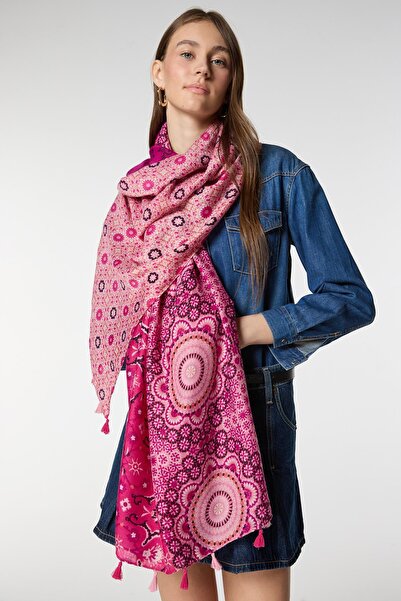 Axesoire 15069 Φούξια σάλι με φούντες πολλαπλών σχεδίων