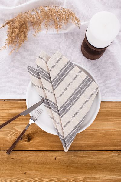 Wellstil Bohemian - Set of 6 Grey Striped Linen Napkins, 40X40 cm