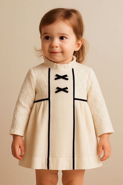 MixMax Bebe Baby Girl Ecru Lace Patterned Stylish Dress with Black Ribbon and Bow Detail 100% Cotton