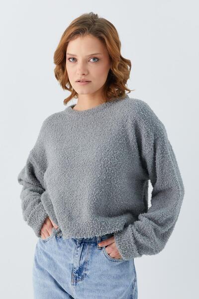 Mixray 6917 Kadın Buklet Basic Triko Kazak Gri