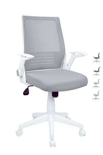 AULE Beyaz Katlanır Kollu Çalışma Sandalyesi | Luma Ofis Ve Bilgisayar Koltuğu | Gri Kumaş