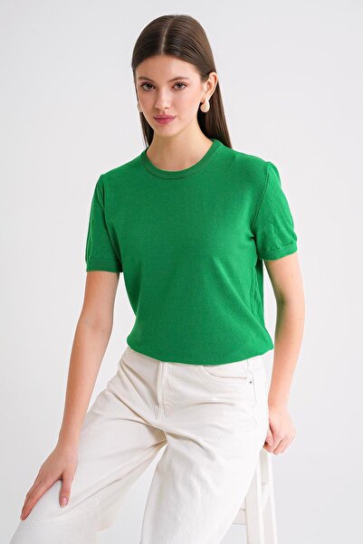 Mixray 6935 Kadın Basic Triko Kısa Kollu Kazak Yeşil