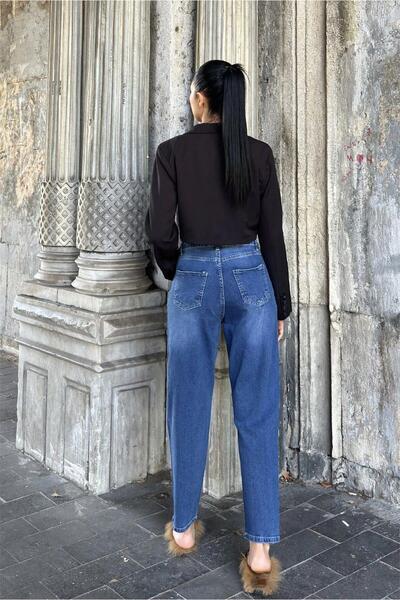 NEW LAVİVA Blugi Mom Jean cu talie înaltă albastră