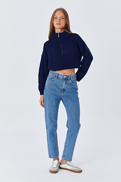 Mixray Navy Blue 6752 Model Women's Crop Zippered Sweater