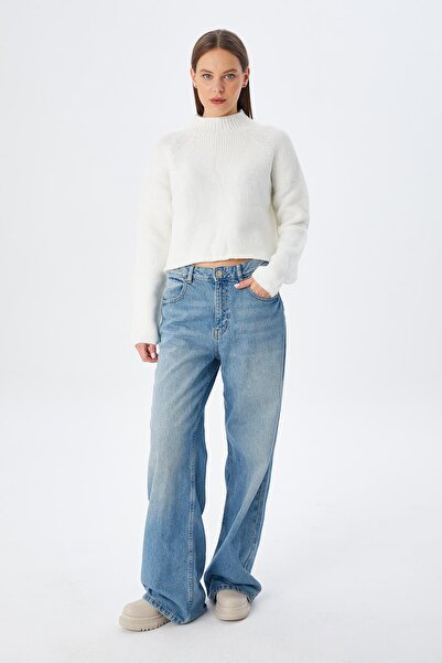 Mixray 6854 Μοντέλο Λευκό Σταντ Γιακά Crop Πλεκτό Γυναικείο Πουλόβερ