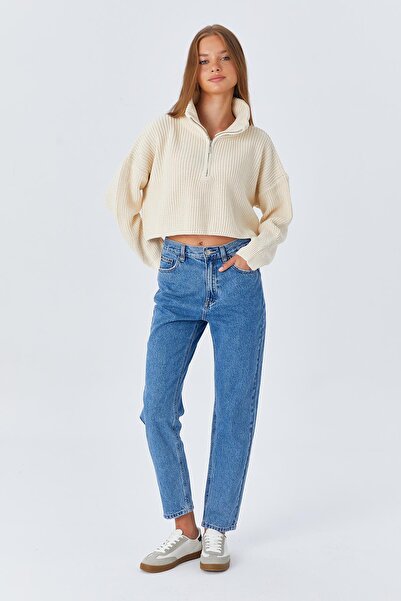 Mixray 6752 Model - Natural Color Women's Crop Zippered Sweater