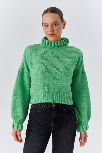 Mixray 6883 Kadın Fırfır Detay Crop Triko Kazak Mint