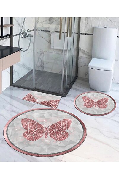 Ardizayn Kelebek - سجادة حمام مستديرة مضادة للانزلاق مكونة من 3 قطع، سجادة حم...