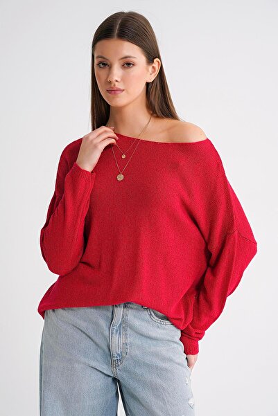 Mixray 6933 Γυναικείο πλεκτό πουλόβερ με λαιμόκοψη λεπτό κόκκινο