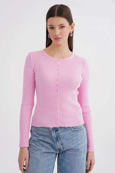 Mixray 6931 Women's Ribbed Buttoned Knitwear Cardigan (Pink)