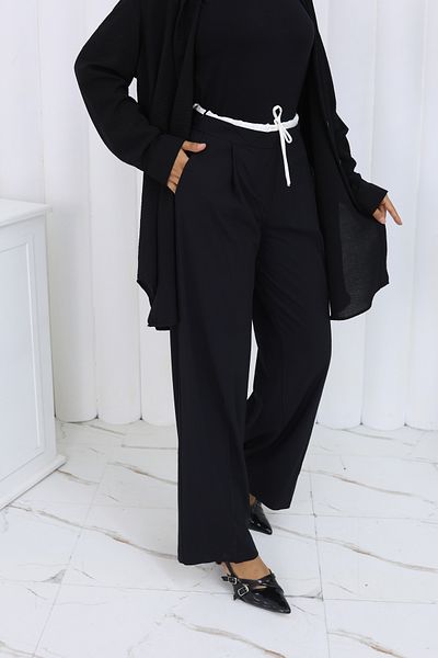 HANIMCA GİYİM Women's Pants with Fabric Belt, Side Pockets, Comfortable Fit, Full Length, Wide Leg