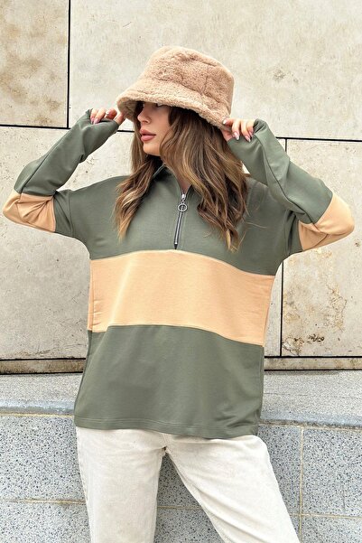 NEW LAVİVA Kadın Haki Uzun Kol, Dik Yaka, Fermuarlı, Double Color Block Basic...