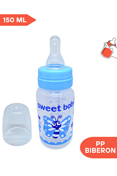 SWEET BABY klasik silikon uçlu PP biberon 150 ml Mavi Rengi