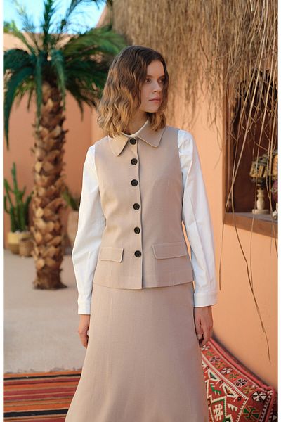 Fatma Atasoy Single Breasted Stone Linen Vest