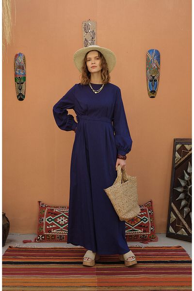 Fatma Atasoy Tunnel Gathered Navy Blue Cotton Dress