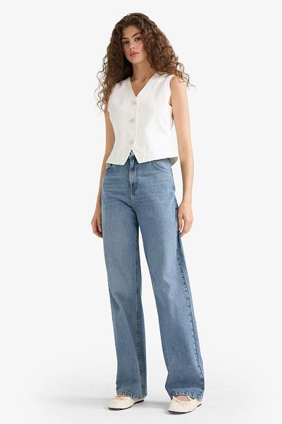 DeFacto Παντελόνι 90s Wide Leg Ψηλόμεσο Μακρύ Τζιν Με Ξεθωριασμένο Φινίρισμα E9115ax25au
