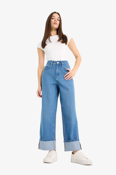 DeFacto Relax Fit Ψηλόμεσο ίσιο παντελόνι Jean Snow Washed E7776AX25AU