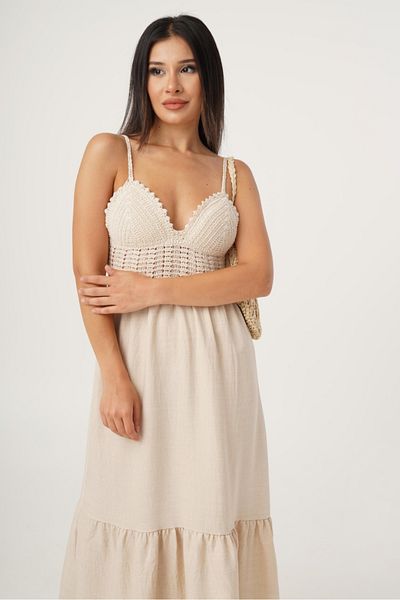 Safgiyim44 Thin Strap Embroidery Detailed Dress Beige Color