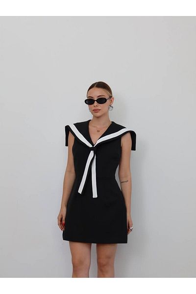 Zey Studio Women's Black Contrast Stripe Collar Detailed Dress