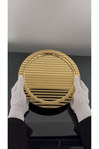 SİNİ Paslanmaz Çelik 6 Adet Yuvarlak Lüx Desenli Gold Ad-15 Kahve, Çay Sunum Servis Tepsisi