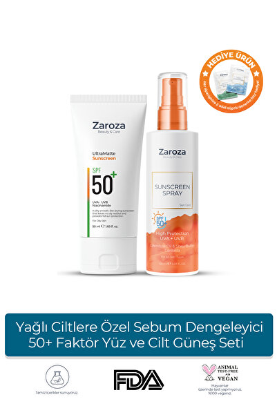 ZAROZA Yağlı Ciltlere Özel Sebum Dengeleyici 50+ Faktör Yüz ve Cilt Güneş Seti