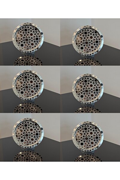 SİNİ Paslanmaz Çelik 6 Adet Yuvarlak Lüx Desenli Gümüş Ad-26 Kahve, Çay Sunum Servis Tepsisi