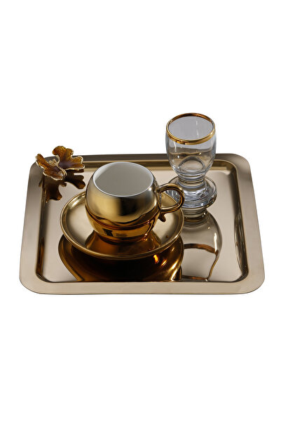 SİNİ Gold Kelebek Aksesuarlı Paslanmaz Çelik 6 Adet Kare Lüx Gold Kahve, Çay Sunum Servis Tepsisi