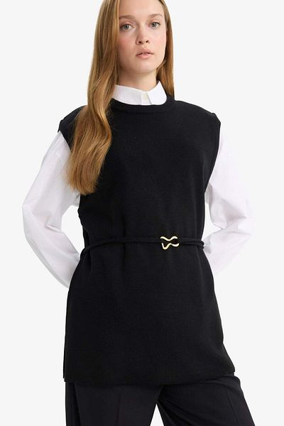 DeFacto Crew Neck Belt Detailed Knitwear Sweater F0156Ax25Wn
