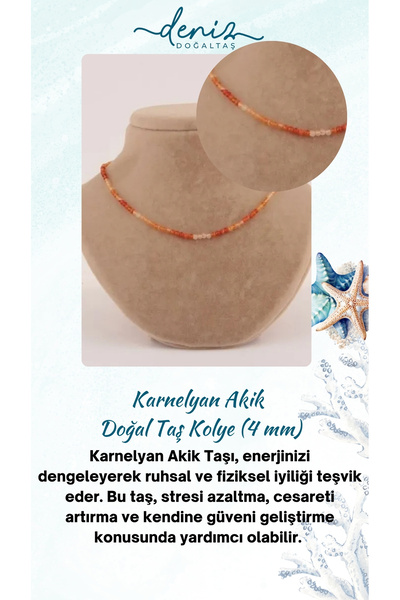 Deniz Doğal Taş قلادة من الحجر الطبيعي المعتمد مقاس 4 مم - عقيق كرنليان، M413