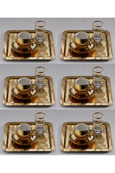 SİNİ Paslanmaz Çelik 6 Adet Kare Lüx Desenli Gold Ad-20 Kahve, Çay Sunum Servis Tepsisi