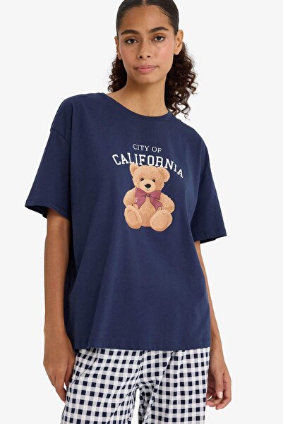 DeFacto Regular Fit Pajama Set Teddy Bear Printed Short Sleeve Top Checked Bottom-Fall in Love F4016Ax25Au