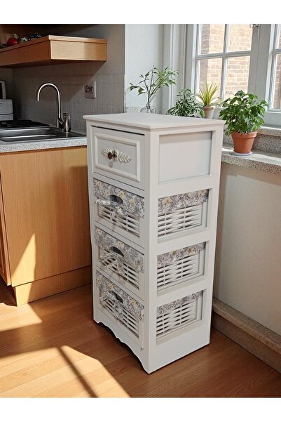 Özkar Ahşap 4 Çekmeceli Hasır Görünümlü Sebzelik Beyaz
