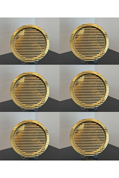 SİNİ Paslanmaz Çelik 6 Adet Yuvarlak Lüx Desenli Gold Ad-15 Kahve, Çay Sunum Servis Tepsisi
