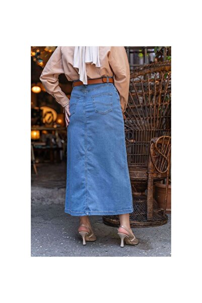 vl vellichor Doğal Kumaşlı Kemerli Kot Etek Açık Mavi