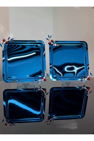 SİNİ Zeytin Dalı Aksesuarlı Paslanmaz Çelik 2 Adet Kare Lüx Mavi, Kahve , Çay Sunum Servis Tepsisi